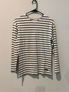100% cotton Striped Long Sleeve Tee in Navy and Cream